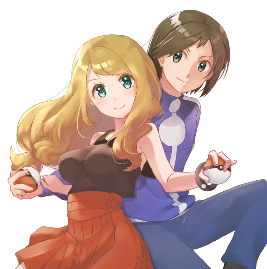1boy 1girl bangs blonde_hair blush bracelet breasts brown_hair brown_shirt calem_(pokemon) closed_mouth collared_shirt commentary_request eyelashes floating_hair green_eyes high-waist_skirt highres holding holding_poke_ball jacket jewelry kamonohashi_(19881001) long_hair looking_at_viewer pants pleated_skirt poke_ball poke_ball_(basic) pokemon pokemon_(game) pokemon_xy serena_(pokemon) shiny shiny_hair shirt simple_background skirt sleeveless sleeveless_shirt smile sparkle textless white_background