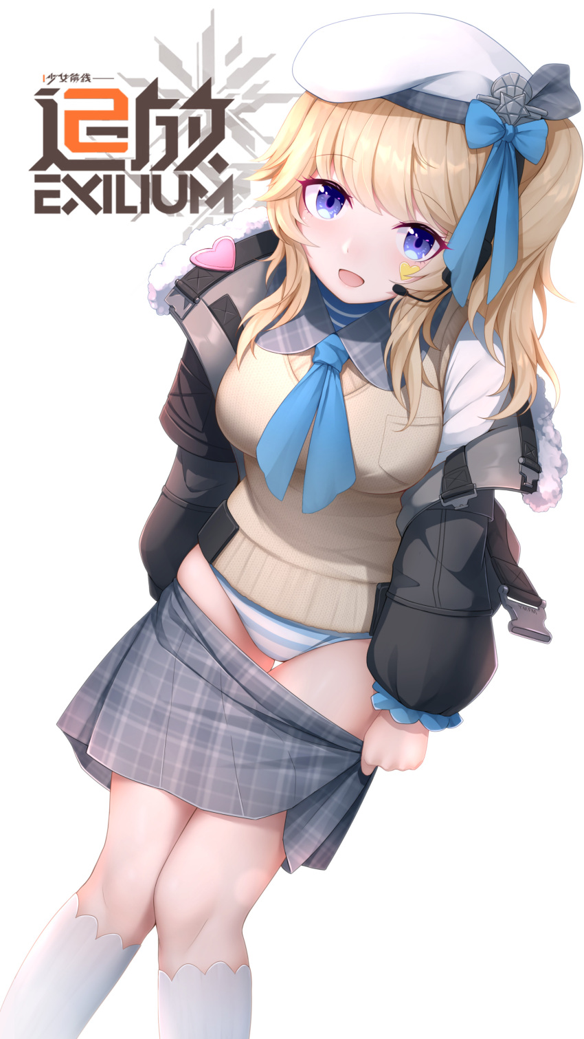 1girl absurdres beret black_jacket blonde_hair blue_bow blue_eyes blue_neckwear bow breasts brown_cardigan cardigan copyright_name eyebrows_visible_through_hair feet_out_of_frame fur-trimmed_jacket fur_trim girls'_frontline_2:_exilium girls_frontline grey_skirt hair_bow hat highres jacket leaning_forward long_hair looking_at_viewer medium_breasts necktie open_clothes open_jacket open_mouth panties side_ponytail skirt socks solo standing striped striped_panties underwear vepley_(girls'_frontline_2) white_background white_legwear wo_you_yibei_jia_wanli