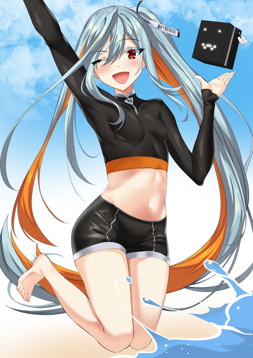 1girl ;d absurdres arm_up barefoot black_shorts breasts counter_side crop_top elze_(s01047480836) hand_up highres legs_up long_hair long_sleeves looking_at_viewer machine-g.a.p. midriff multicolored_hair navel one_eye_closed open_mouth orange_hair rash_guard red_eyes short_shorts shorts side_ponytail sigma_(counter_side) small_breasts smile solo stomach thighs two-tone_hair very_long_hair white_hair