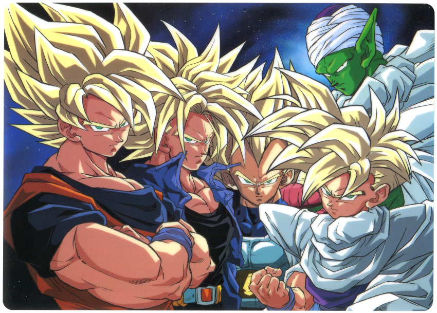1990s_(style) 5boys armor blonde_hair cape card_(medium) clenched_hand colored_skin crossed_arms dougi dragon_ball dragon_ball_z father_and_son feet_out_of_frame green_skin highres jacket looking_at_viewer multiple_boys muscular muscular_male namekian official_art open_clothes open_jacket piccolo pointy_ears retro_artstyle saiyan scan short_sleeves son_gohan son_goku space spiky_hair super_saiyan super_saiyan_1 toriyama_akira trunks_(dragon_ball) turban vegeta widow's_peak wristband