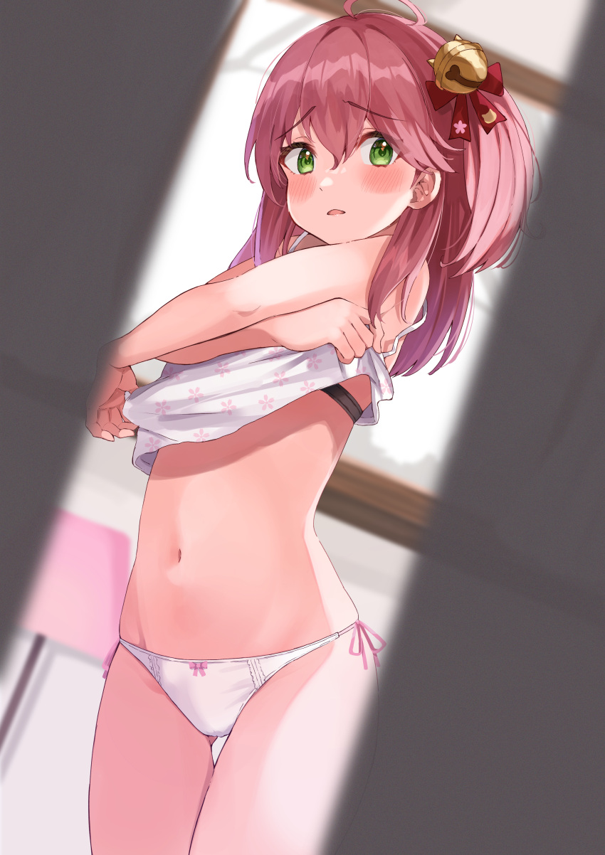 1girl absurdres ahoge ass_visible_through_thighs bangs bell black_bra blurry blurry_foreground blush bow bra bra_peek camisole_lift commentary_request cowboy_shot depth_of_field eyebrows_visible_through_hair green_eyes hair_between_eyes hair_bow haru_yu highres hololive indoors jingle_bell lifted_by_self long_hair looking_at_viewer navel one_side_up panties parted_lips pink_hair pink_ribbon pov red_bow ribbon sakura_miko side-tie_panties sleeveless solo stomach thigh_gap underwear virtual_youtuber white_panties
