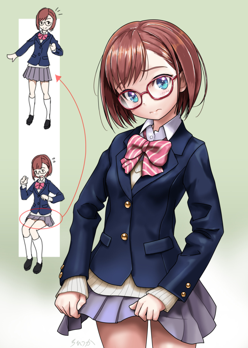 1girl arrow_(symbol) black_jacket blazer blue_eyes blush bow brown_hair brown_sweater closed_mouth collared_shirt commentary_request diagonal-striped_bow dress_shirt glasses grey_skirt highres jacket long_sleeves multiple_views pink_bow pleated_skirt red-framed_eyewear rohitsuka school_uniform shirt short_hair signature skirt skirt_hold sleeves_past_wrists smile sousai_shoujo_teien standing sweater takanashi_koyomi wavy_mouth white_shirt