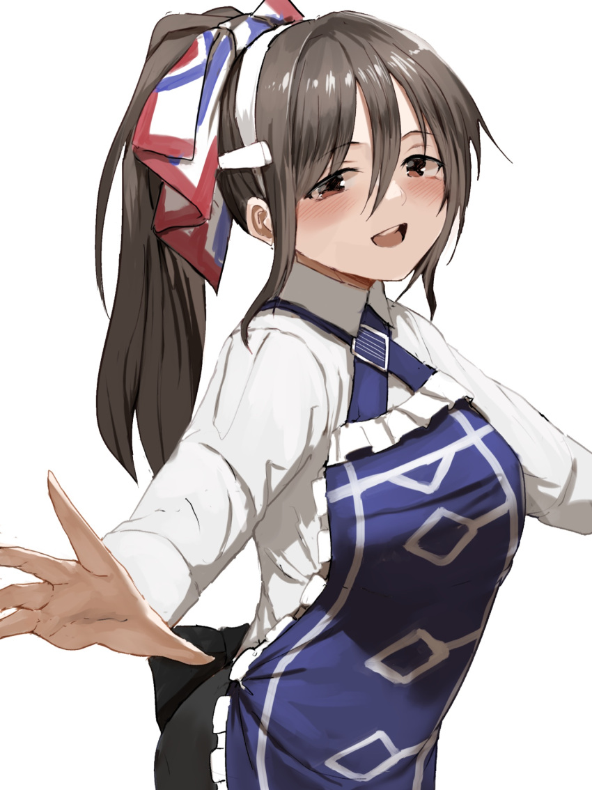 1girl apron ashigara_(kancolle) black_skirt blue_apron brown_eyes brown_hair cowboy_shot fake_horns frilled_apron frills hairband highres honmakaina_kudou horned_headwear horns kantai_collection long_hair official_alternate_costume one-hour_drawing_challenge open_mouth outstretched_arms pencil_skirt ponytail shirt simple_background skirt skirt_hold smile solo wavy_hair white_background white_shirt