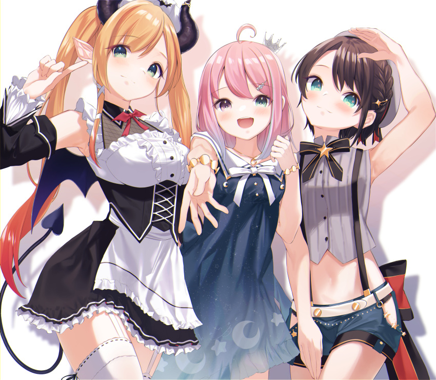 3girls :d ahoge apron aqua_eyes bangs black_bow black_dress blonde_hair blue_dress blue_hair blue_shorts bow bracelet braid breasts brown_hair closed_mouth commentary_request crescent_print crop_top crown demon_girl demon_horns demon_tail detached_sleeves dress eyebrows_visible_through_hair frilled_apron frilled_dress frills garter_straps gradient_hair green_eyes grey_shirt hair_ribbon heterochromia highres himemori_luna hololive horns jewelry kanae_(inorin05kanae) long_hair long_sleeves looking_at_viewer maid medium_breasts mini_crown multicolored_hair multiple_girls oozora_subaru open_mouth orange_hair outstretched_arm pink_hair pointy_ears reaching_out revision ribbon ribbon-trimmed_legwear ribbon_trim sailor_collar shirt short_hair short_shorts shorts sleeveless sleeveless_dress sleeveless_shirt smile star_(symbol) star_print starry_sky_print suspender_shorts suspenders tail thigh-highs twintails violet_eyes virtual_youtuber white_apron white_bow white_legwear white_sailor_collar yuzuki_choco