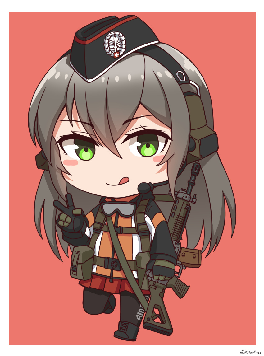1girl :q absurdres assault_rifle bangs black_footwear black_gloves black_headwear black_legwear blush_stickers boots brown_background chibi closed_mouth commentary_request cross-laced_footwear ear_protection eyebrows_visible_through_hair full_body garrison_cap girls_frontline gloves goggles goggles_around_neck green_eyes grey_hair gun hair_between_eyes hand_up hat highres holding holding_gun holding_weapon jacket lace-up_boots long_hair long_sleeves looking_at_viewer ndtwofives object_namesake pantyhose pleated_skirt red_skirt rifle sig_500_(girls'_frontline)_(ndtwofives) sig_550 simple_background skirt smile solo standing tongue tongue_out v very_long_hair weapon