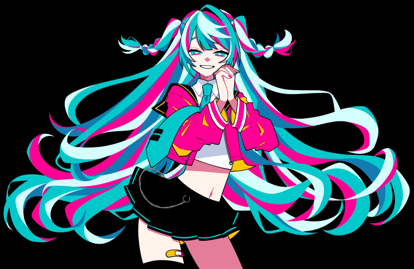 1girl absurdres alternate_costume alternate_eye_color alternate_hair_color alternate_hairstyle aqua_eyes aqua_hair aqua_nails aqua_neckwear bandaid bandaid_on_leg black_background black_legwear black_sailor_collar black_skirt braid bright_pupils chain collared_jacket collared_shirt contrapposto cowboy_shot crop_top dot_nose fingernails flat_chest floating_hair hair_between_eyes half-closed_eyes hands_up hatsune_miku highres interlocked_fingers iroha_(hourai_24) jacket legs_apart light_smile long_hair looking_at_viewer midriff multicolored_hair navel necktie open_clothes open_jacket own_hands_clasped own_hands_together parted_lips pink_hair pink_jacket pink_nails pleated_skirt sailor_collar shirt simple_background single_thighhigh skirt solo streaked_hair teeth thigh-highs thighs tie_clip tsurime twin_braids two_side_up very_long_hair vocaloid white_pupils