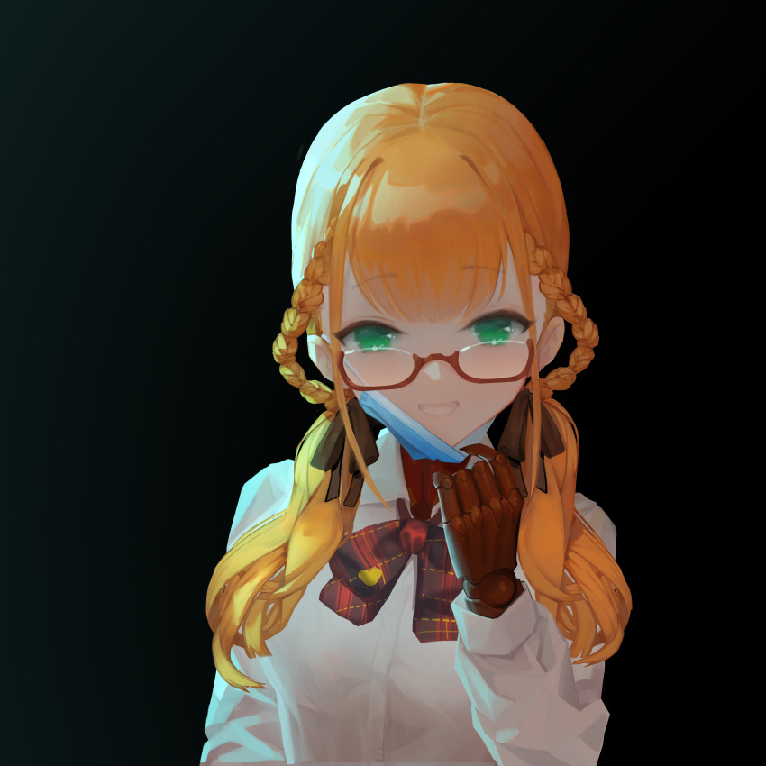 absurdres ak4t andou_inari andou_inari_official backlighting bangs black_background bow bowtie braid breasts brown_gloves brown_ribbon commentary_request glasses gloves green_eyes grin hair_ribbon highres long_hair long_sleeves looking_at_viewer low_twintails mask mask_pull mouth_mask orange_hair plaid plaid_bow plaid_neckwear red-framed_eyewear ribbon shirt smile surgical_mask twin_braids twintails upper_body virtual_youtuber white_shirt