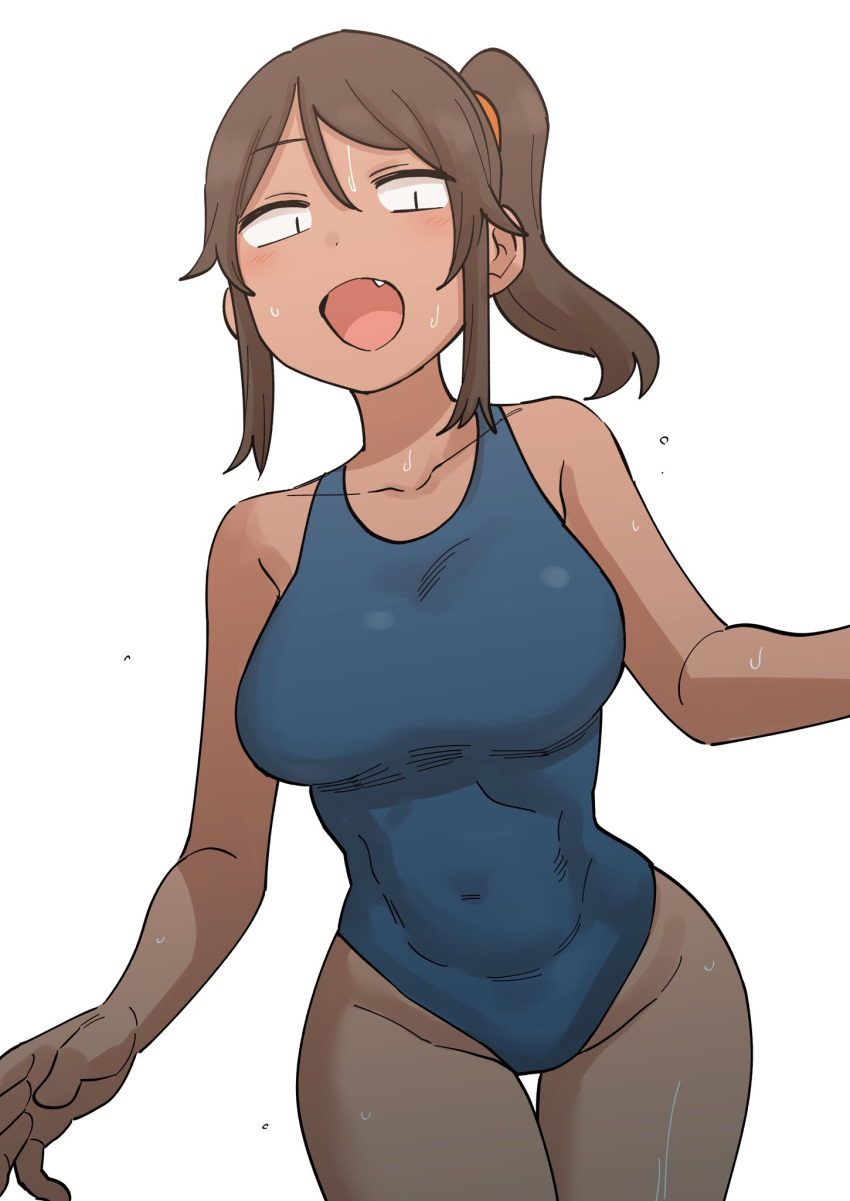 1girl blue_swimsuit breasts brown_hair commentary covered_navel fang high_ponytail highleg highleg_swimsuit highres large_breasts looking_at_viewer one-piece_swimsuit school_swimsuit senpai_ga_uzai_kouhai_no_hanashi shiromanta solo swimsuit tan water wet