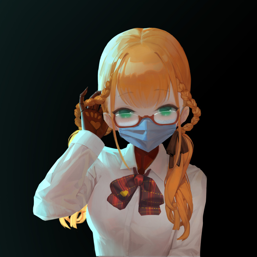 absurdres adjusting_hair ak4t andou_inari andou_inari_official backlighting bangs black_background bow bowtie braid breasts brown_gloves brown_ribbon glasses gloves green_eyes hair_ribbon highres long_hair long_sleeves looking_at_viewer low_twintails mask mouth_mask orange_hair paw_print_palms plaid plaid_bow plaid_neckwear red-framed_eyewear ribbon shirt surgical_mask twin_braids twintails upper_body virtual_youtuber white_shirt