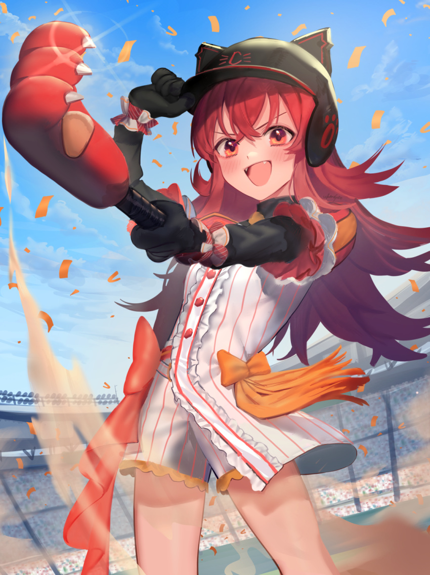 1girl :d animal_ears_helmet arm_up bangs baseball_helmet baseball_uniform black_gloves black_headwear blue_sky center_frills clouds commentary_request confetti day elbow_gloves eyebrows_visible_through_hair fangs frills gloves hair_between_eyes helmet highres holding idolmaster idolmaster_shiny_colors komiya_kaho long_hair open_mouth outdoors outstretched_arm puffy_short_sleeves puffy_sleeves red_eyes redhead sand shirt short_shorts short_sleeves shorts sky smile solo sportswear stadium striped striped_shirt ukimesato v-shaped_eyebrows vertical-striped_shirt vertical-striped_shorts vertical_stripes very_long_hair white_shirt white_shorts