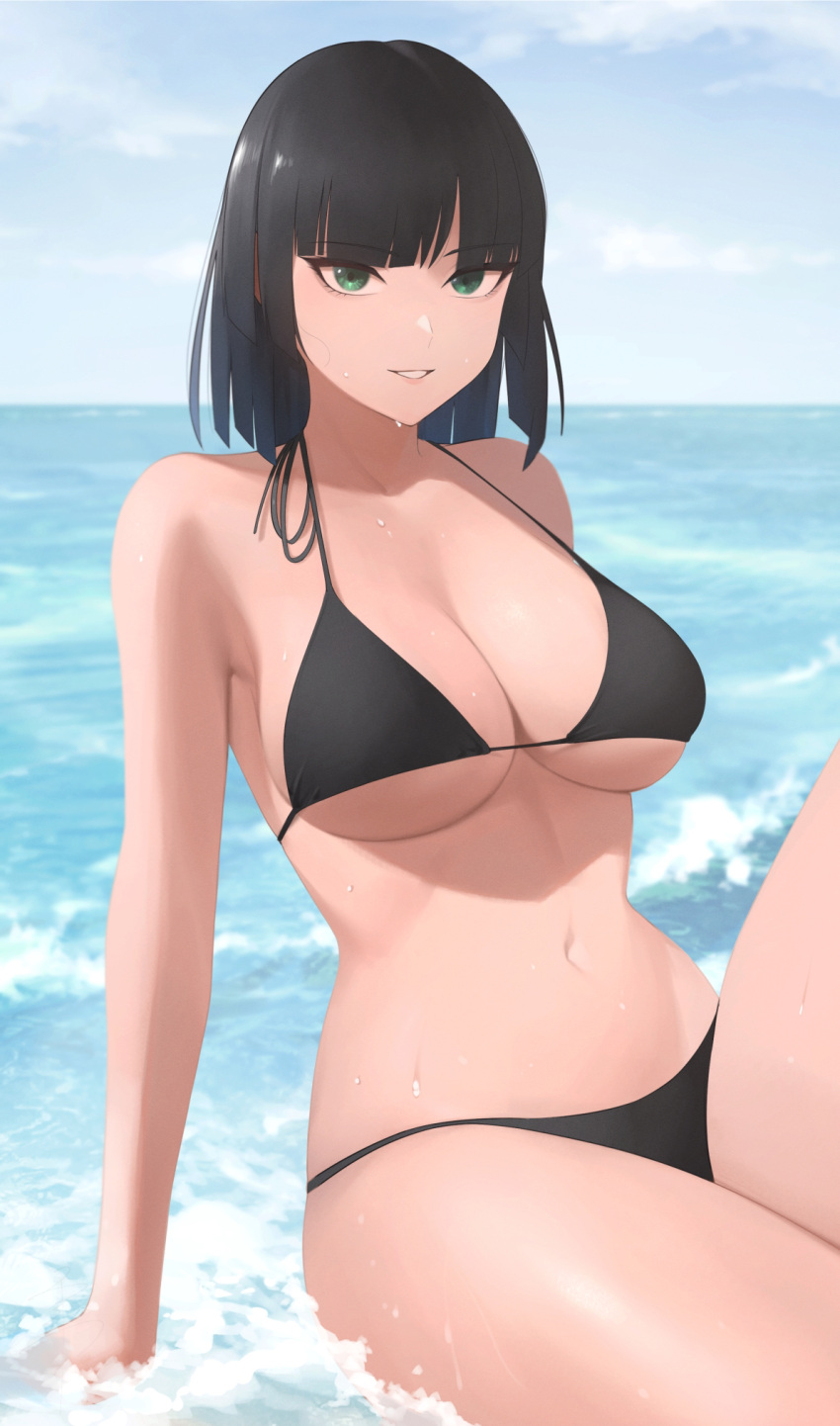 1girl bangs beach bikini black_bikini black_hair blunt_bangs breasts fubuki_(one-punch_man) green_eyes highres large_breasts looking_at_viewer navel one-punch_man parted_lips senju_(snz0) short_hair sitting smile solo strap_gap swimsuit water wet