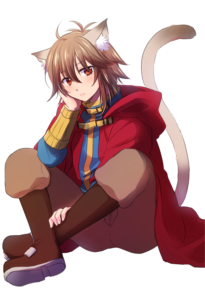 1boy absurdres animal_ear_fluff animal_ears bangs blue_shirt boots brown_eyes brown_footwear brown_hair brown_pants cat_boy cat_ears cat_tail cheshire_(ragnarok_online) cloak closed_mouth commentary_request eyebrows_visible_through_hair full_body hair_between_eyes head_rest highres long_sleeves looking_at_viewer male_focus manoji pants pants_tucked_in ragnarok_online red_cloak shirt short_hair simple_background sitting solo tail white_background