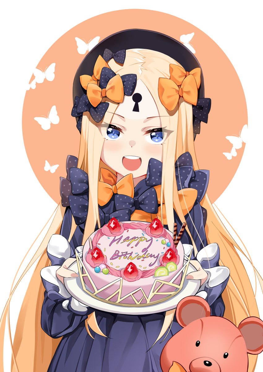 1girl abigail_williams_(fate) absurdres bangs black_bow black_dress black_headwear blonde_hair blue_eyes blush bow breasts bug butterfly cake dress fate/grand_order fate_(series) food forehead hair_bow hat highres keyhole liuleiwowotou long_hair long_sleeves looking_at_viewer multiple_bows open_mouth orange_bow parted_bangs polka_dot polka_dot_bow ribbed_dress sleeves_past_fingers sleeves_past_wrists small_breasts smile stuffed_animal stuffed_toy teddy_bear