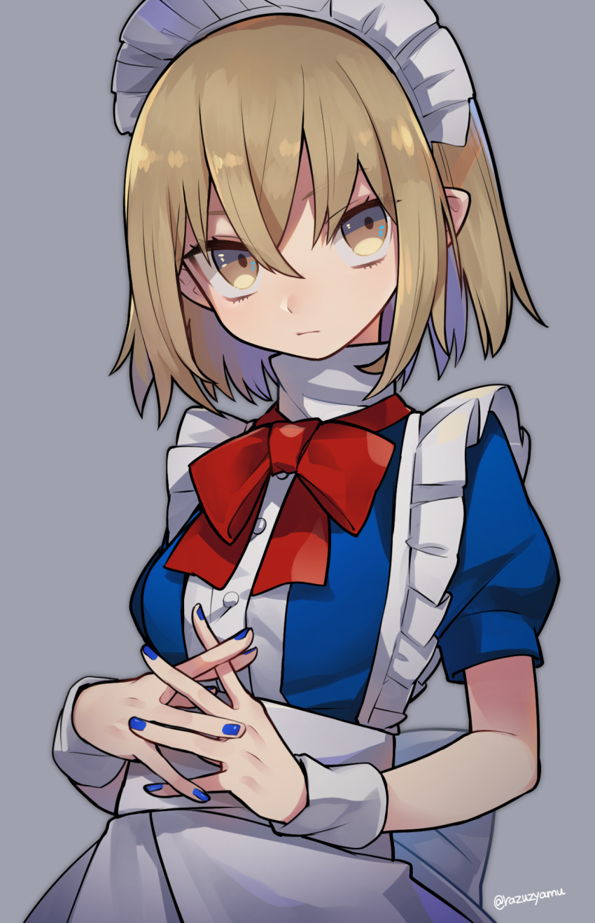 1girl apron bangs blonde_hair blue_dress blue_nails bow bowtie breasts dress grey_background highres looking_at_viewer maid_headdress medium_breasts medium_hair mugetsu_(touhou) nail_polish own_hands_together pointy_ears razuzyamu red_neckwear short_sleeves simple_background solo touhou touhou_(pc-98) turtleneck twitter_username upper_body wrist_cuffs yellow_eyes