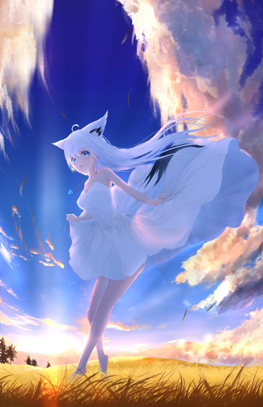 1girl absurdres ahoge animal_ear_fluff animal_ears bare_arms bare_shoulders blush breasts clothes_lift clouds cloudy_sky commentary day dress floating_hair fox_ears fox_girl fox_tail grasslands green_eyes hair_between_eyes highres hololive jewelry looking_at_viewer medium_breasts moubokobokodayo necklace open_mouth shirakami_fubuki skirt skirt_lift sky sleeveless sleeveless_dress solo sundress tail virtual_youtuber white_dress white_hair