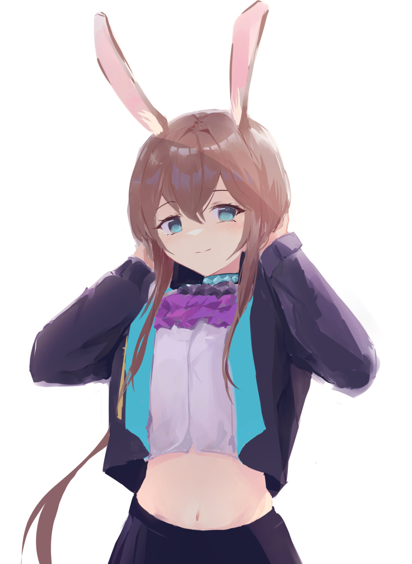 1girl amiya_(arknights) animal_ears arknights black_jacket black_skirt blue_eyes brown_hair choker crop_top cropped_jacket danraz0r hands_up highres jacket long_hair long_sleeves looking_at_viewer midriff navel open_clothes open_jacket purple_neckwear rabbit_ears shirt simple_background skirt smile solo stomach upper_body white_background white_shirt