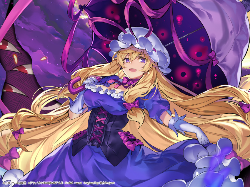 1girl artist_request bangs blonde_hair blush bow breasts clouds cloudy_sky commentary_request corset dress elbow_gloves gap_(touhou) gloves hair_ribbon highres holding holding_umbrella large_breasts long_hair looking_at_viewer open_mouth pink_bow puffy_short_sleeves puffy_sleeves purple_dress red_eyes red_ribbon ribbon short_sleeves sky solo standing touhou touhou_danmaku_kagura tress_ribbon umbrella umbrella_bow upper_body violet_eyes white_gloves yakumo_yukari
