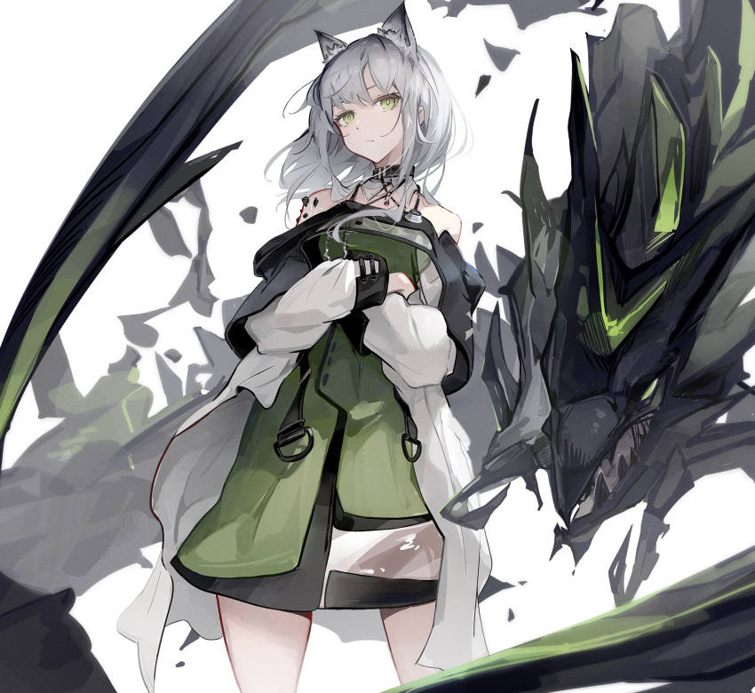 1girl alternate_hair_color animal_ears arknights breasts cat_ears closed_mouth coat commentary cowboy_shot crossed_arms dress expressionless green_dress green_eyes highres kal'tsit_(arknights) kodamazon looking_at_viewer medium_breasts medium_hair mon3tr_(arknights) open_clothes open_coat oripathy_lesion_(arknights) see-through silver_hair simple_background solo standing white_background white_coat