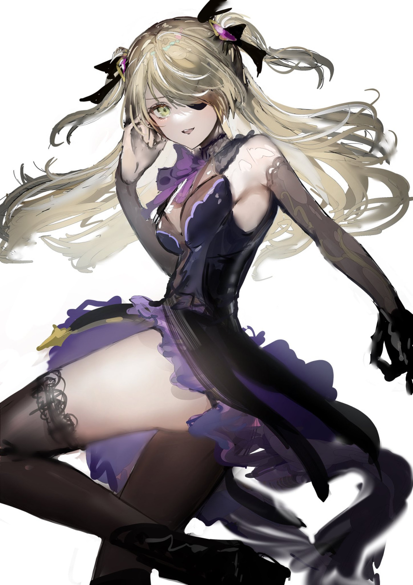 1girl asymmetrical_legwear bangs bare_shoulders black_legwear bow bowtie dress elbow_gloves eyepatch fischl_(genshin_impact) frills genshin_impact gloves hair_over_one_eye hair_ribbon hand_up highres long_hair looking_at_viewer messy_hair nanaponi open_mouth ribbon sidelocks smile solo standing standing_on_one_leg thigh-highs thighs two_side_up white_background