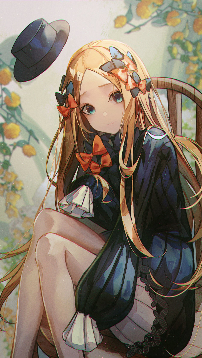 1girl abigail_williams_(fate) bangs black_bow black_dress black_headwear blonde_hair blue_eyes blush bow breasts dress fate/grand_order fate_(series) forehead hair_bow hat highres long_hair long_sleeves looking_at_viewer merryj multiple_bows orange_bow parted_bangs polka_dot polka_dot_bow ribbed_dress sleeves_past_fingers sleeves_past_wrists small_breasts white_bloomers