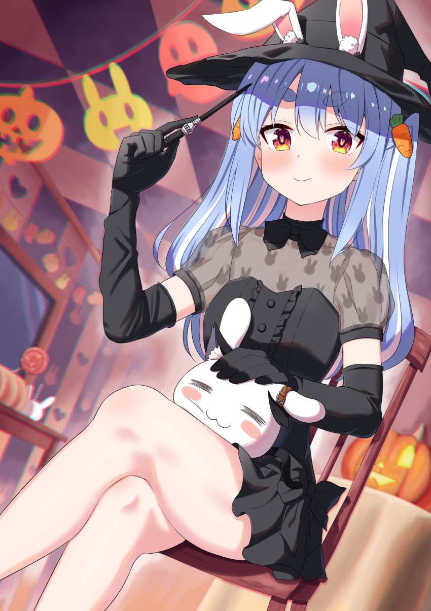1girl :3 =_= absurdres alternate_hairstyle black_dress black_gloves blue_hair bunny-shaped_pupils candy carrot_hair_ornament crossed_legs dorianpanda dress dutch_angle elbow_gloves eyebrows_visible_through_hair food food-themed_hair_ornament frilled_dress frills gloves hair_ornament hat highres hololive jack-o'-lantern lollipop mirror nousagi_(usada_pekora) orange_eyes puffy_short_sleeves puffy_sleeves short_dress short_sleeves sitting smile solo symbol-shaped_pupils table tablecloth thick_eyebrows two_side_up usada_pekora wand white_hair witch_hat wooden_chair