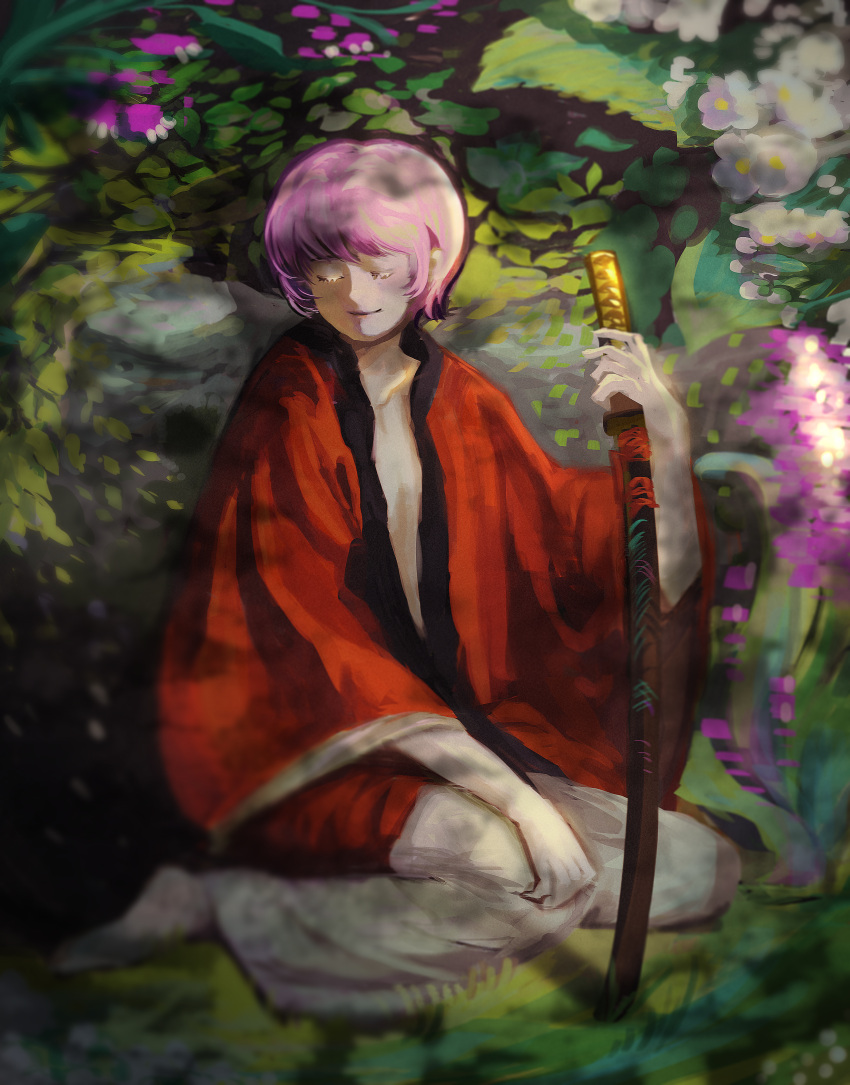 1girl absurdres blurry blurry_foreground closed_eyes closed_mouth collarbone erty113 flower hand_on_own_knee highres holding holding_sword holding_weapon japanese_clothes katana leaf long_sleeves on_grass outdoors pink_hair purple_flower short_hair sitting solo sukuna_shinmyoumaru sword touhou weapon white_flower wide_sleeves