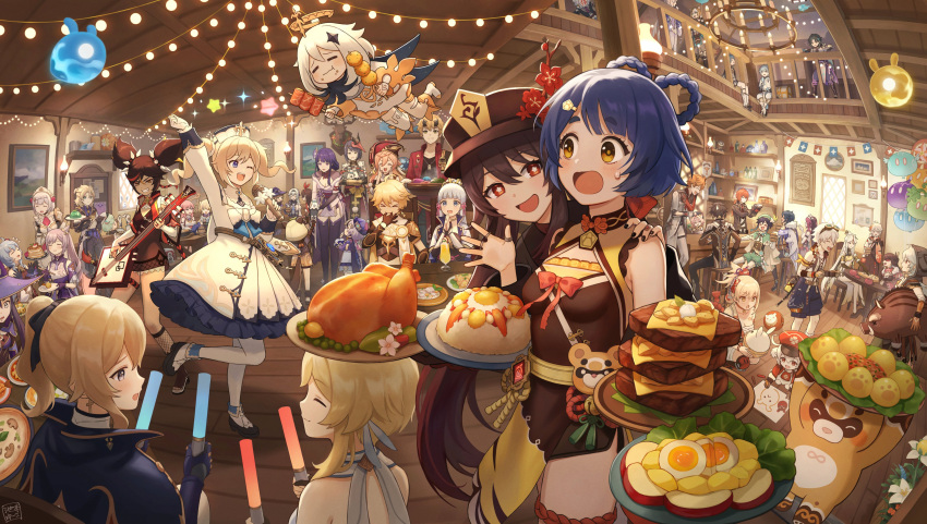 &gt;_&lt; &gt;o&lt; 6+boys 6+girls absurdres abyss_mage_(genshin_impact) aether_(genshin_impact) ahoge albedo_(genshin_impact) amber_(genshin_impact) animal animal_ears animal_hood armband armor asymmetrical_hair balancing_on_head bandaged_leg bandages bandaid bandaid_on_nose bangs beidou_(genshin_impact) bell bennett_(genshin_impact) beret black_bodysuit black_footwear black_gloves black_hair black_nails black_pants black_ribbon blonde_hair blue_capelet blue_hair blue_neckwear blue_shorts blush boar board_game bodysuit bone boots bottle braid breasts brown_dress brown_hair bulletin_board cabbie_hat cape capelet cat_ears cat_girl ceiling_light center_opening chandelier cheering cheese chicken_(food) chongyun_(genshin_impact) chopsticks cigarette closed_eyes closed_mouth commentary conch corset cowbell cross cross_earrings crumbs cup cupping_hands dancing dark-skinned_female dark-skinned_male dark_skin detached_sleeves diluc_(genshin_impact) diona_(genshin_impact) drawing dress drinking_glass drooling drunk earrings egg epaulettes eula_(genshin_impact) everyone eyebrows_visible_through_hair eyepatch eyeshadow facial_mark fischl_(genshin_impact) fishnet_legwear fishnets flower flower-shaped_pupils flower_knot flying food food_on_face forehead_mark french_braid frilled_dress frills ganyu_(genshin_impact) genshin_impact glasses gloves glowstick goat_horns goggles goggles_on_head gorou_(genshin_impact) gradient_hair green_cape green_eyes green_headwear green_shorts grin guitar guoba_(genshin_impact) hair_between_eyes hair_cones hair_ornament hair_over_one_eye hair_ribbon hair_rings hair_stick hairband hand_on_another's_shoulder harp hat high_heel_boots high_heels highres hilichurl_(genshin_impact) holding holding_animal holding_bone holding_bottle holding_chopsticks holding_food holding_glowstick holding_instrument holding_microphone holding_plate hood hood_up horns hu_tao_(genshin_impact) indoors instrument jacket japanese_clothes jean_(genshin_impact) jewelry jiangshi kaedehara_kazuha kaeya_(genshin_impact) kamisato_ayaka keqing_(genshin_impact) kimono klee_(genshin_impact) knee_boots kujou_sara laughing leaf leaf_on_head light_blue_hair light_green_hair light_purple_hair lisa_(genshin_impact) long_hair looking_at_another looking_down lumine_(genshin_impact) magic makeup mask mask_on_head meat medium_breasts medium_hair microphone milk_bottle mole mole_under_eye mona_(genshin_impact) multicolored_hair multiple_boys multiple_girls music nail_polish neck_bell necktie ningguang_(genshin_impact) noelle_(genshin_impact) nun obi obiage obijime one_eye_covered open_clothes open_jacket open_mouth orange_eyes orange_hair own_hands_together palms_together pancake pants parted_bangs party paw_print pelvic_curtain pink_hair pizza plate playing_instrument plum_blossoms ponytail popsicle porkpie_hat pot pudding purple_capelet purple_dress purple_gloves purple_hair purple_headwear purple_kimono purple_pants qing_guanmao qiqi_(genshin_impact) raiden_shogun razor_(genshin_impact) red_eyes red_headwear red_jacket red_neckwear redhead ribbon rice ring rosaria_(genshin_impact) saliva sangonomiya_kokomi sarashi sash sayu_(genshin_impact) scar scar_on_cheek scar_on_face seelie_(genshin_impact) shaded_face shogi short_dress short_hair short_kimono short_ponytail shorts shoulder_armor shouting shrimp shrimp_tempura signature silver_hair singing single_braid sitting skewer sleeveless sleeveless_dress slime_(genshin_impact) small_breasts smile smoking spiked_hairband spikes squatting standing standing_on_one_leg star_(symbol) stool straight_hair streaked_hair sucrose_(genshin_impact) surprised sweatdrop symbol-shaped_pupils table tail tartaglia_(genshin_impact) tassel taxidermy tearing_up tempura tengu_mask tentacles thick_eyebrows thigh-highs thigh_strap thoma_(genshin_impact) toast toenail_polish toenails tofu treasure_chest trembling twintails two-tone_hair two_side_up v-shaped_eyebrows vambraces veil venti_(genshin_impact) violet_eyes vision_(genshin_impact) whistling white_dress white_footwear white_gloves white_headwear wine_glass witch_hat wooden_ceiling wooden_floor x_x xiangling_(genshin_impact) xiao_(genshin_impact) xingqiu_(genshin_impact) xinyan_(genshin_impact) yae_miko yanfei_(genshin_impact) yoimiya_(genshin_impact) yuko666 zhongli_(genshin_impact)