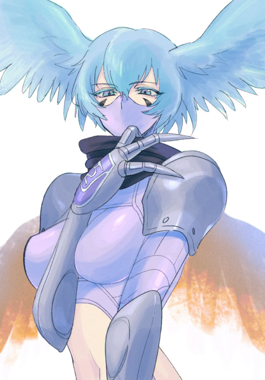 1girl arm_between_breasts bangs between_breasts bikini black_scarf blue_eyes blue_hair breasts check_commentary claws commentary_request digimon digimon_(creature) eyebrows_visible_through_hair facial_mark feathered_wings garter_straps hair_between_eyes hair_wings hand_up highres long_hair looking_at_viewer mask medium_breasts midriff mouth_mask navel purple_bikini raichi274 scarf shoulder_pads shutumon sidelocks simple_background solo swimsuit upper_body white_background wings
