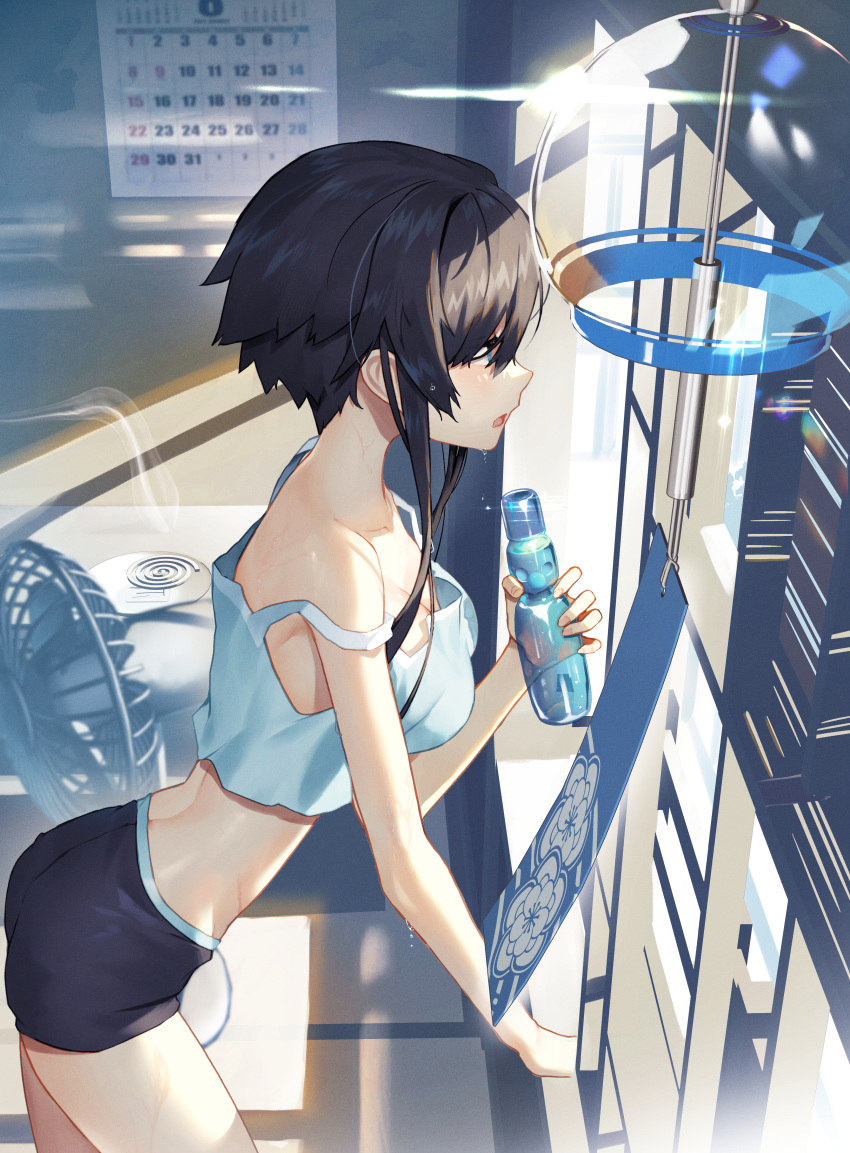 1girl absurdres arched_back ass bare_arms bare_shoulders black_hair black_shorts blue_eyes bottle breasts camisole commentary cowboy_shot crop_top crop_top_overhang electric_fan english_commentary from_side highres holding hot indoors leaning_forward medium_breasts midriff open_mouth original profile ramune shirt short_hair_with_long_locks short_shorts shorts sleeveless sleeveless_shirt solo standing strap_slip sukocchi summer sunlight sweat water_bottle white_shirt wind_chime
