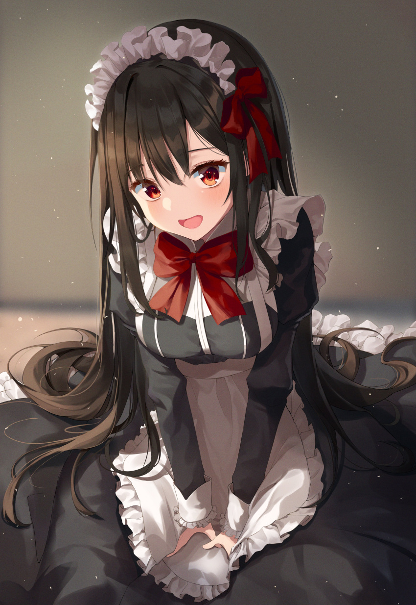 1girl absurdres apron bow brown_hair dress frills hair_bow highres juliet_sleeves kimae lens_flare long_hair long_sleeves looking_at_viewer maid maid_apron maid_headdress open_mouth original puffy_sleeves red_eyes red_neckwear ribbon sitting smile solo sparkle straight_hair wariza