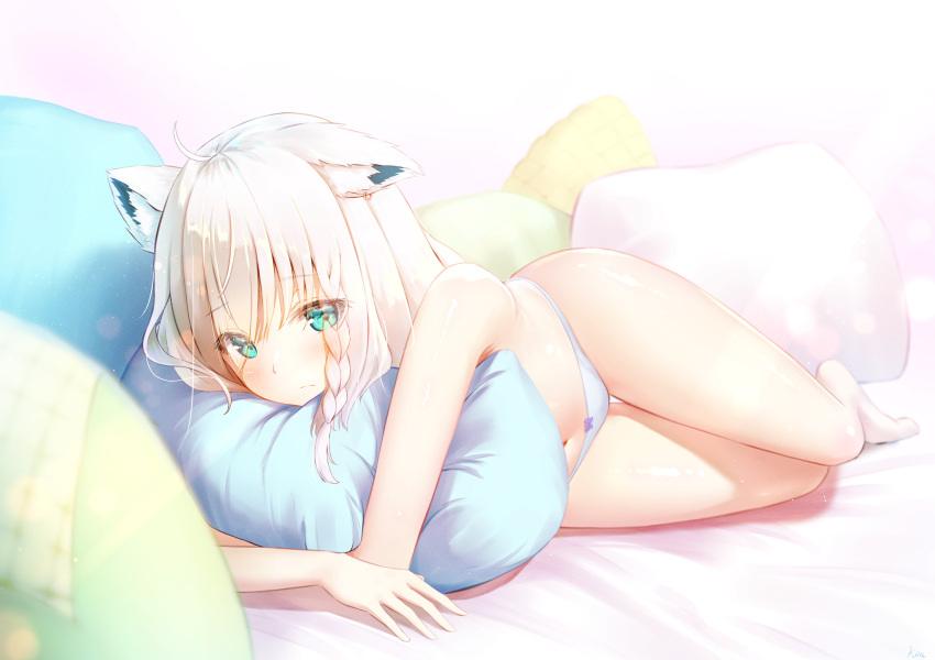 1girl absurdres animal_ears bangs barefoot bed_sheet braid cat_ears cat_girl closed_mouth eyebrows_visible_through_hair green_eyes hair_between_eyes highres hololive kon_(07263545) long_hair lying navel on_side panties pillow shirakami_fubuki silver_hair single_braid solo thigh_gap topless underwear virtual_youtuber white_panties