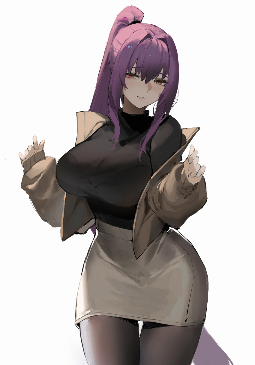 1girl absurdres bangs black_sweater breasts brown_jacket brown_legwear contemporary fate/grand_order fate_(series) grey_skirt hair_between_eyes highres jacket large_breasts long_hair long_sleeves looking_at_viewer open_clothes open_jacket pantyhose pencil_skirt ponytail purple_hair red_eyes scathach_(fate) sdustz skirt smile solo sweater thighs