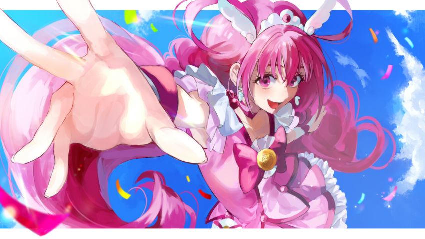 1girl :d blue_background blush bow bowtie brooch choker clouds confetti cure_happy earrings hoshizora_miyuki jewelry long_hair looking_at_viewer magical_girl nani_(s2_nani) open_mouth outstretched_hand pink_bow pink_choker pink_eyes pink_hair pink_skirt pink_theme precure skirt sky smile smile_precure! solo tiara upper_body wing_hair_ornament wrist_cuffs