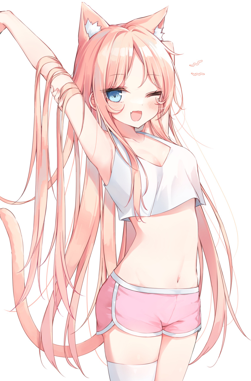 1girl ;d absurdres animal_ears arm_behind_head arm_up armpits bare_arms bare_shoulders beliatan blue_eyes breasts cat_ears cat_girl cat_tail cowboy_shot crop_top crop_top_overhang dolphin_shorts extra_ears eyebrows_visible_through_hair fang highres long_hair looking_at_viewer midriff mole mole_under_eye navel one_eye_closed open_mouth original pink_hair pink_shorts shirt short_shorts shorts simple_background single_thighhigh sleeveless sleeveless_shirt small_breasts smile solo stomach tail tank_top thigh-highs very_long_hair white_background white_legwear white_shirt