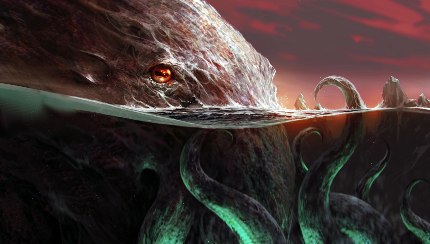 absurdres black_eyes colored_sclera cthulhu cthulhu_mythos dark from_side highres horizontal_pupils kalmahul mountain no_humans ocean orange_sclera red_sky sky squid sunset tentacles underwater water