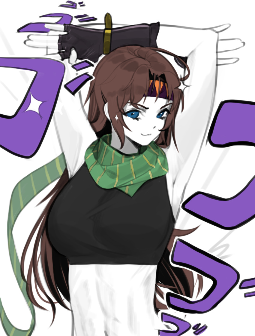 1girl absurdres armpits arms_up battle_tendency black_gloves blue_eyes breasts brown_hair fingerless_gloves genderswap genderswap_(mtf) gloves green_scarf headband highres jojo_no_kimyou_na_bouken joseph_joestar joseph_joestar_(young) large_breasts long_hair midriff navel norunollu scarf solo upper_body white_background