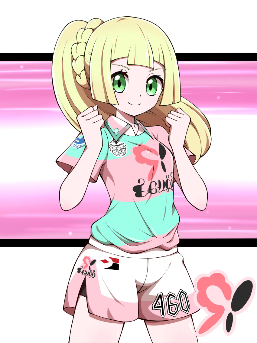 1girl absurdres blonde_hair clenched_hands closed_mouth collared_shirt commentary_request cowboy_shot eyelashes green_eyes hands_up highres lillie_(pokemon) long_hair looking_at_viewer pink_shirt pokemon pokemon_(game) pokemon_sm pokemon_swsh ponytail shabana_may shirt shorts side_slit side_slit_shorts smile solo