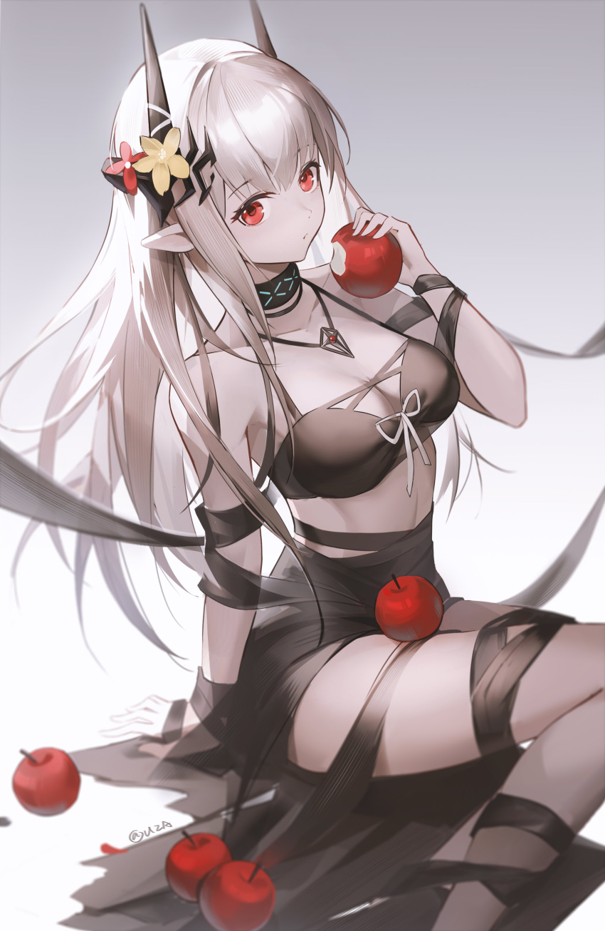 1girl absurdres apple arknights arm_support bangs bikini black_bikini black_choker breasts choker commentary flower food fruit gradient gradient_background grey_background hair_flower hair_ornament hand_up highres holding holding_food holding_fruit horns infection_monitor_(arknights) jewelry large_breasts long_hair looking_at_viewer mudrock_(arknights) mudrock_(silent_night)_(arknights) necklace pointy_ears red_eyes silver_hair sitting solo stomach swimsuit thighs uza white_background