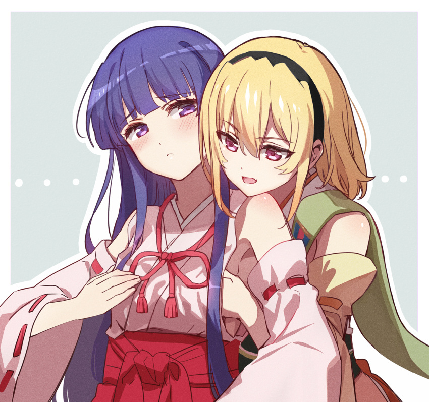 2girls :&lt; :d black_hairband blonde_hair blue_hair blush detached_sleeves fang furude_rika groping hairband hakama hand_under_clothes highres higurashi_no_naku_koro_ni houjou_satoko japanese_clothes long_hair medium_hair miko multiple_girls open_mouth red_hakama ribbon-trimmed_sleeves ribbon_trim smile usamin_(artist) violet_eyes wide_sleeves yuri