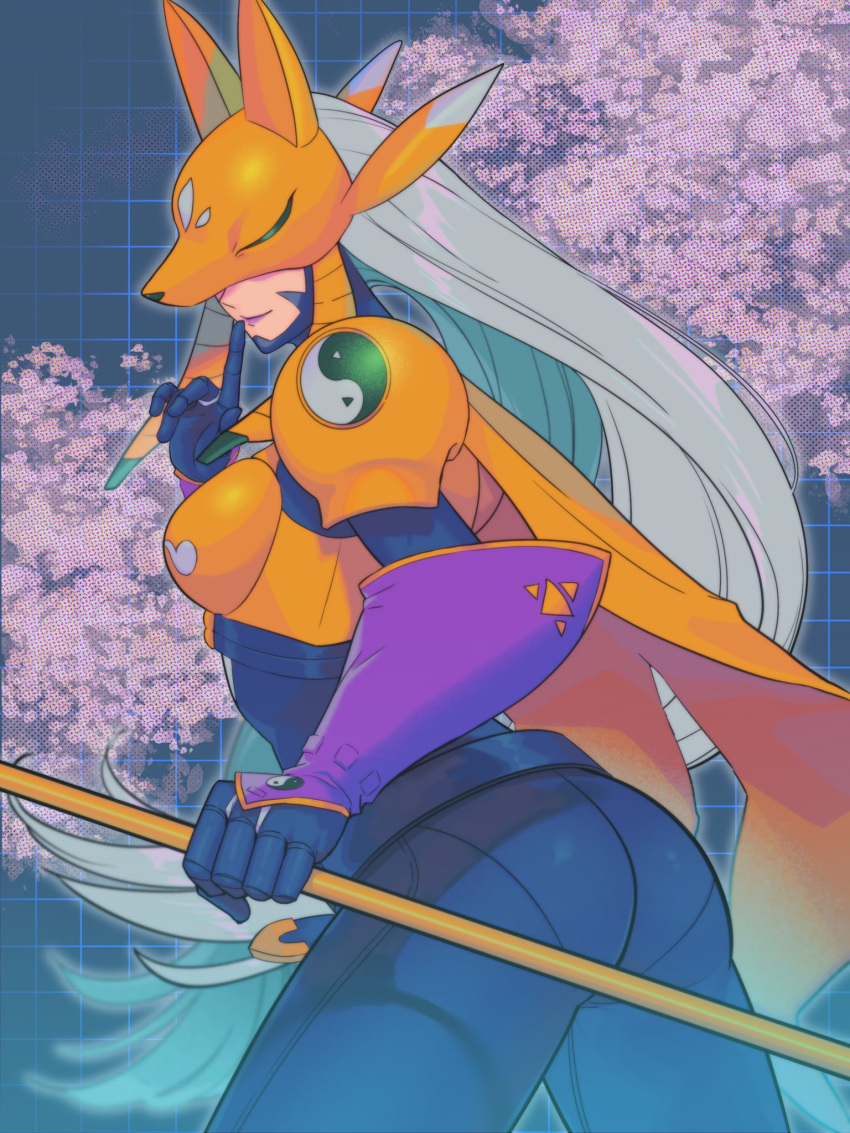1girl arm_warmers armor ass belt black_bodysuit blue_background bodysuit breasts cherry_blossoms closed_mouth commentary_request commission covered_eyes cowboy_shot digimon digimon_(creature) digital_hazard facial_mark finger_to_mouth floating_hair fox_mask from_behind gloves highres holding holding_staff large_breasts lipstick long_hair makeup mask purple_lips raichi274 sakuyamon silver_hair skeb_commission smile solo staff standing twintails very_long_hair yellow_armor yin_yang yin_yang_print