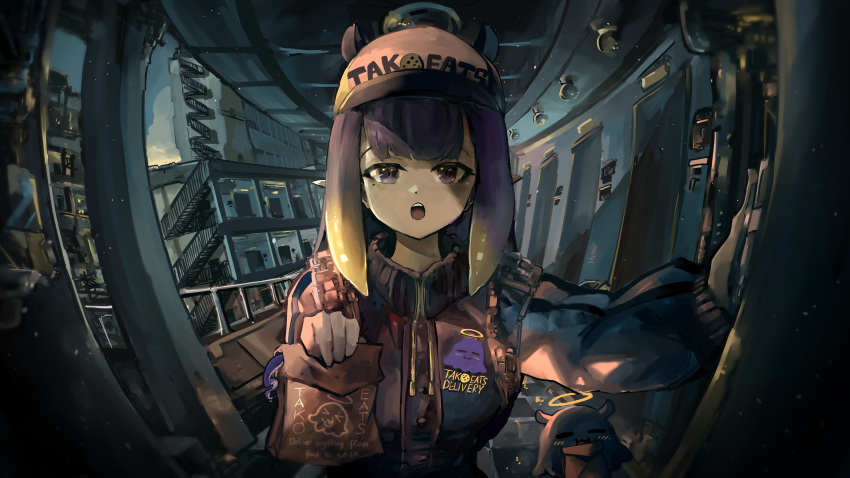 1girl absurdres alternate_breast_size alternate_costume apartment backpack bag baseball_cap building clouds cloudy_sky delivery door doorbell drawstring english_text evening fire_escape fisheye hallway halo hat highres holding holding_bag hololive hololive_english jacket mole mole_under_eye ninomae_ina'nis open_mouth paper_bag peephole purple_hair sidelocks sky solo stairwell tako_(ninomae_ina'nis) tentacle_hair tentacles violet_eyes virtual_youtuber vyragami