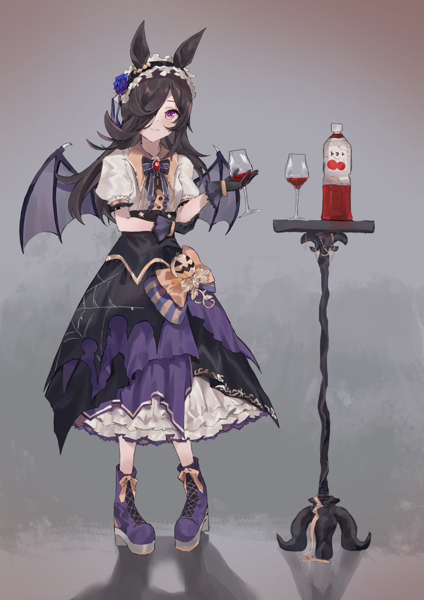 1girl amano_kokoko animal_ears bangs bat_wings black_gloves black_hair black_hairband blue_flower blue_rose blush boots bottle bow brooch center_frills closed_mouth collared_shirt commentary_request cup cupping_glass drinking_glass fang fang_out flower frilled_hairband frills full_body gloves grey_wings hair_flower hair_ornament hair_over_one_eye hairband high_heel_boots high_heels highres holding holding_cup horse_ears jewelry long_hair make_up_in_halloween!_(umamusume) platform_boots puffy_short_sleeves puffy_sleeves purple_footwear purple_skirt red_eyes rice_shower_(umamusume) rose shirt short_sleeves skirt smile solo standing striped striped_bow table torn_clothes torn_skirt umamusume very_long_hair white_shirt wine_glass wings