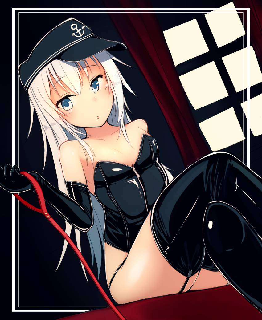 1girl alternate_costume anchor_symbol black_gloves black_legwear black_leotard blue_eyes breasts elbow_gloves flat_cap garter_straps gloves hat hibiki_(kancolle) highres holding holding_leash kantai_collection katsuten latex latex_gloves latex_legwear latex_leotard leash leotard long_hair small_breasts solo strapless strapless_leotard thigh-highs white_hair