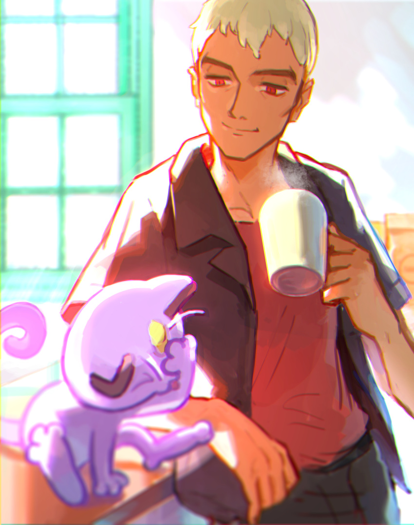 1boy absurdres belt black_shirt commentary_request cup highres holding holding_cup indoors male_focus meipu_hm meowth nanu_(pokemon) pants pokemon pokemon_(game) pokemon_sm red_eyes shirt short_sleeves smile white_hair