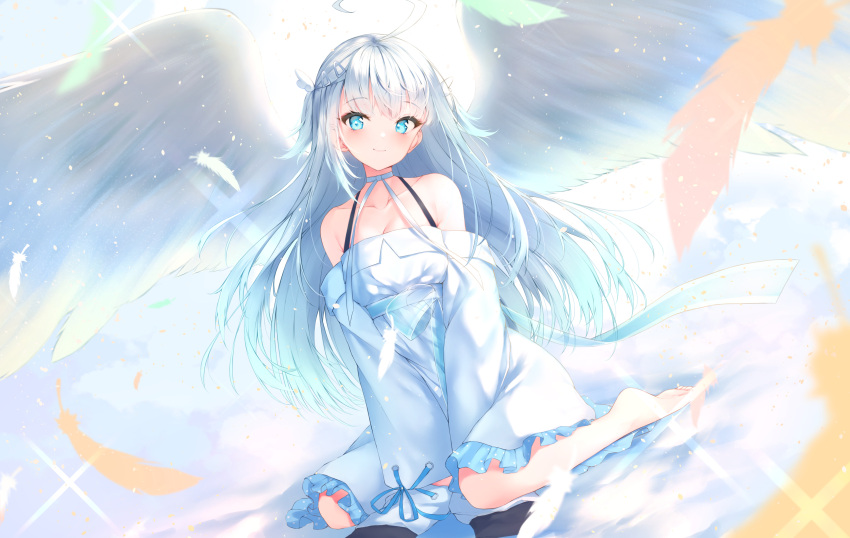 1girl absurdres ahoge amatsuka_uto bangs bare_shoulders barefoot blue_eyes blue_hair closed_mouth commentary detached_sleeves dress english_commentary eyebrows_visible_through_hair feathered_wings feathers frilled_dress frills gradient_hair highres ijac_ray indie_virtual_youtuber long_hair long_sleeves multicolored_hair silver_hair sleeveless sleeveless_dress sleeves_past_fingers sleeves_past_wrists smile solo very_long_hair virtual_youtuber water white_dress white_feathers white_sleeves white_wings wide_sleeves wings