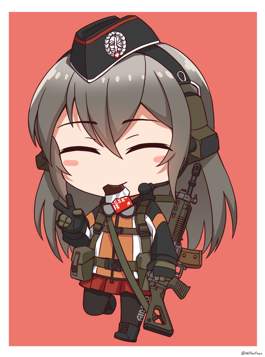 1girl ^_^ absurdres assault_rifle bangs black_footwear black_gloves black_headwear black_legwear blush_stickers boots brown_background candy chibi chocolate chocolate_bar closed_eyes cross-laced_footwear ear_protection eyebrows_visible_through_hair facing_viewer food food_in_mouth full_body garrison_cap girls_frontline gloves goggles goggles_around_neck grey_hair gun hair_between_eyes hand_up hat highres holding holding_gun holding_weapon jacket lace-up_boots long_hair long_sleeves mouth_hold ndtwofives object_namesake pantyhose pleated_skirt red_skirt rifle sig_500_(girls'_frontline)_(ndtwofives) sig_550 simple_background skirt solo standing v very_long_hair weapon