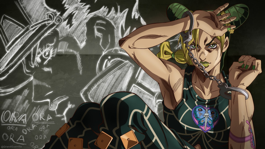 1boy 1girl araki_hirohiko_(style) blonde_hair catchphrase commentary cuffed cuffs double_bun english_commentary father_and_daughter grandguerrilla green_eyes green_lips green_pants green_shirt handcuffs hands_up highres jojo_no_kimyou_na_bouken kujo_jolyne kujo_jotaro lipstick looking_at_viewer makeup official_style pants projected_inset sanpaku shirt stone_ocean