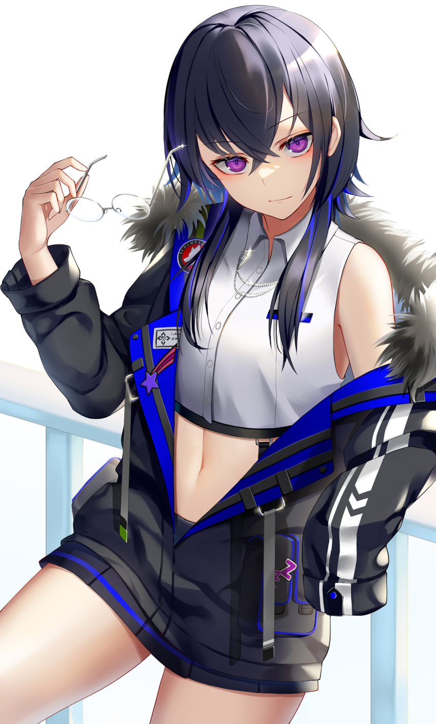 1girl bangs black_hair black_hoodie blue_hair breasts closed_mouth collared_shirt commentary_request cowboy_shot crop_top crossed_bangs eyebrows_visible_through_hair eyewear_removed fur-trimmed_hood fur_trim glasses hair_between_eyes highres holding holding_eyewear hood hood_down hoodie hoodie_dress ichinose_uruha jewelry leaning_on_rail long_hair long_sleeves looking_at_viewer lupinus_virtual_games midriff multicolored_hair navel necklace off_shoulder partially_unzipped railing shioneko_(0202) shirt sidelocks simple_background single_bare_shoulder sleeveless sleeveless_shirt small_breasts smile solo standing streaked_hair two-tone_hair violet_eyes virtual_youtuber vspo! white_background white_legwear