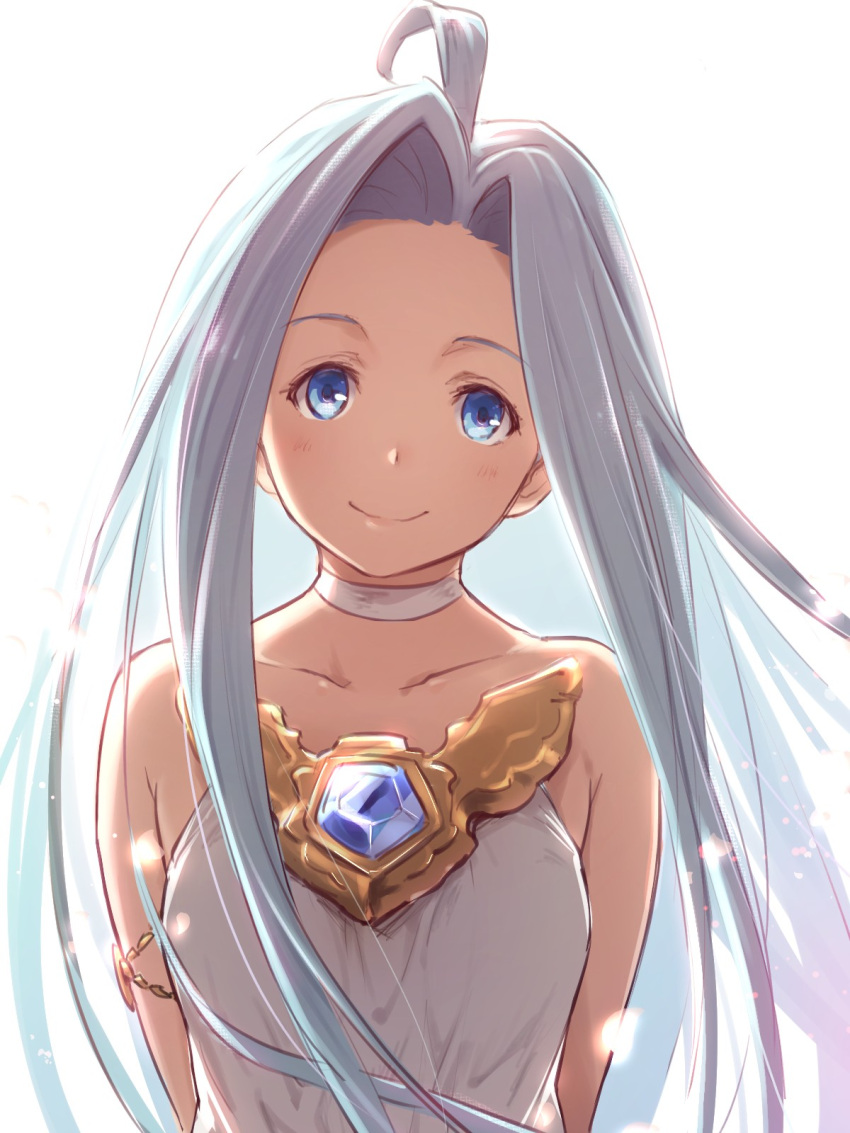 1girl ahoge bare_shoulders blue_eyes blue_hair breasts choker closed_mouth collarbone dress face gem granblue_fantasy highres kiikii_(kitsukedokoro) long_hair looking_at_viewer lyria_(granblue_fantasy) portrait small_breasts smile solo upper_body white_background white_dress