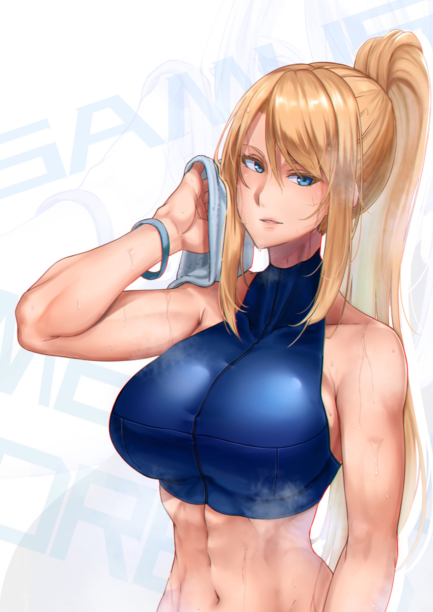 1girl abs absurdres blonde_hair bracelet breasts crop_top highres jewelry looking_at_viewer metroid metroid_fusion navel ponytail samus_aran solo steaming_body stomach sweat togin towel upper_body wiping_face